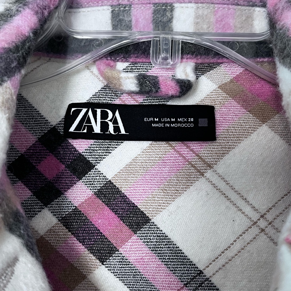 ZARA Plaid Shacket Jacket Pink Cream Black Overshirt Size M Wool Blend - Picture 3 of 5